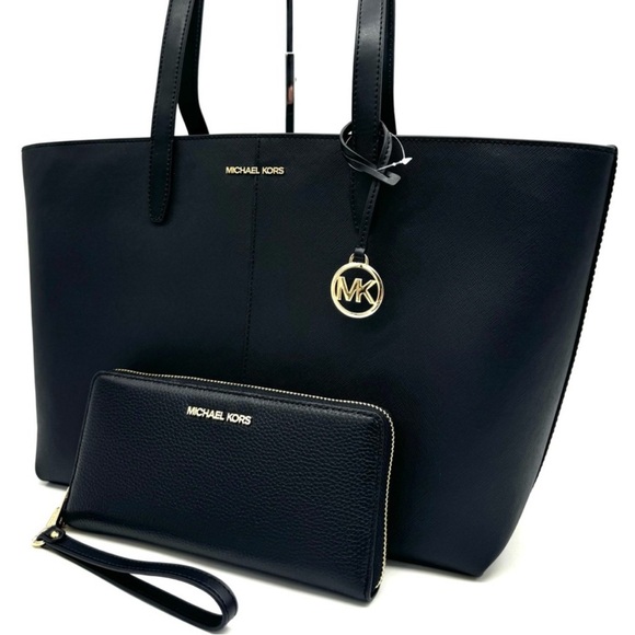 Michael Kors Medium Jet Set Travel Zip Tote Bag & Continental Wallet Black/Gold - Picture 1 of 13